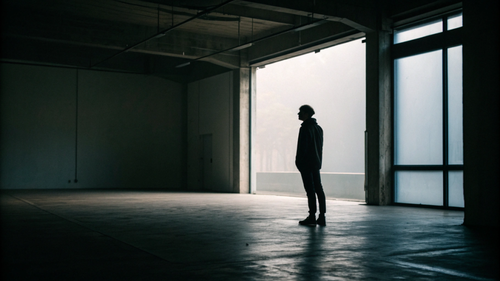 Depression Scene man in a dark empty building