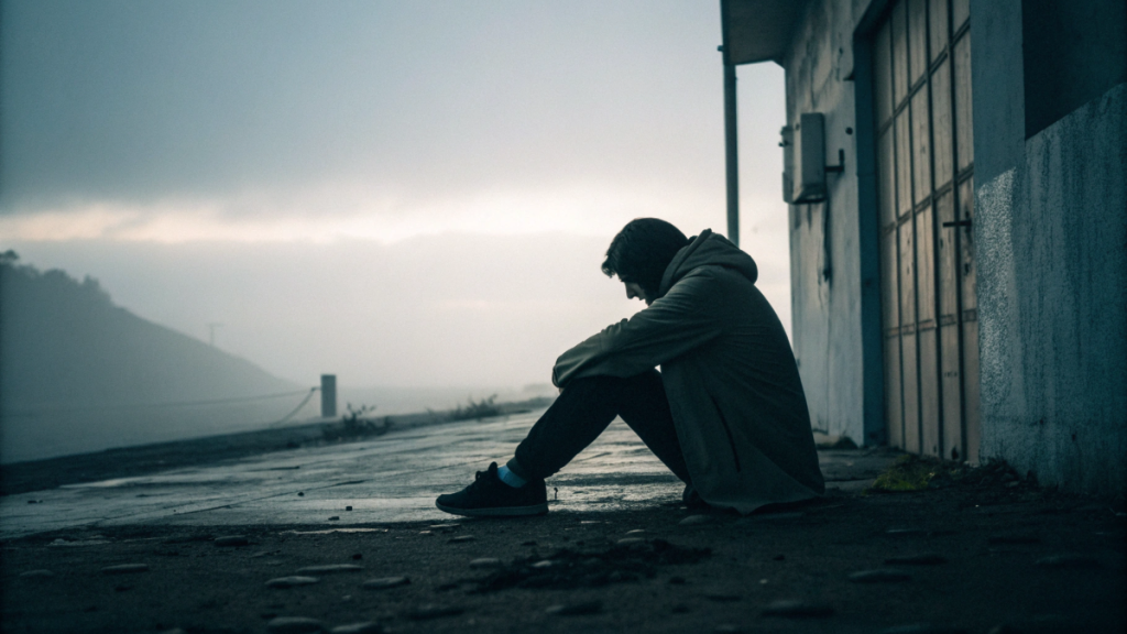 depression image man sitting outside in the dark